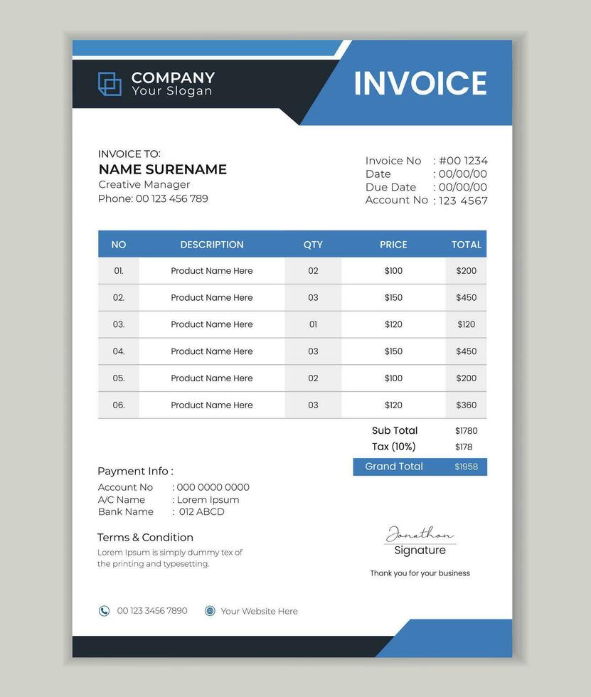 corporativo o negócio fatura Projeto vetor modelo. mínimo corporativo o negócio fatura Projeto modelo conta Formato preço fatura, o negócio papelaria Projeto Forma de pagamento acordo Projeto.