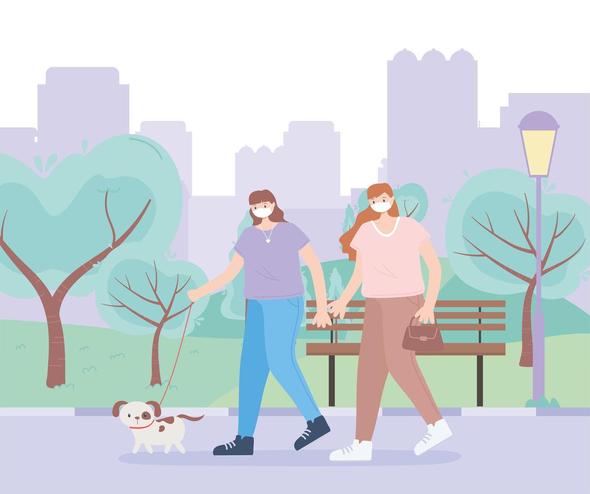 pessoas com máscara facial médica, mulheres andando com cena urbana de parque de cachorros, atividade na cidade durante o coronavírus vetor