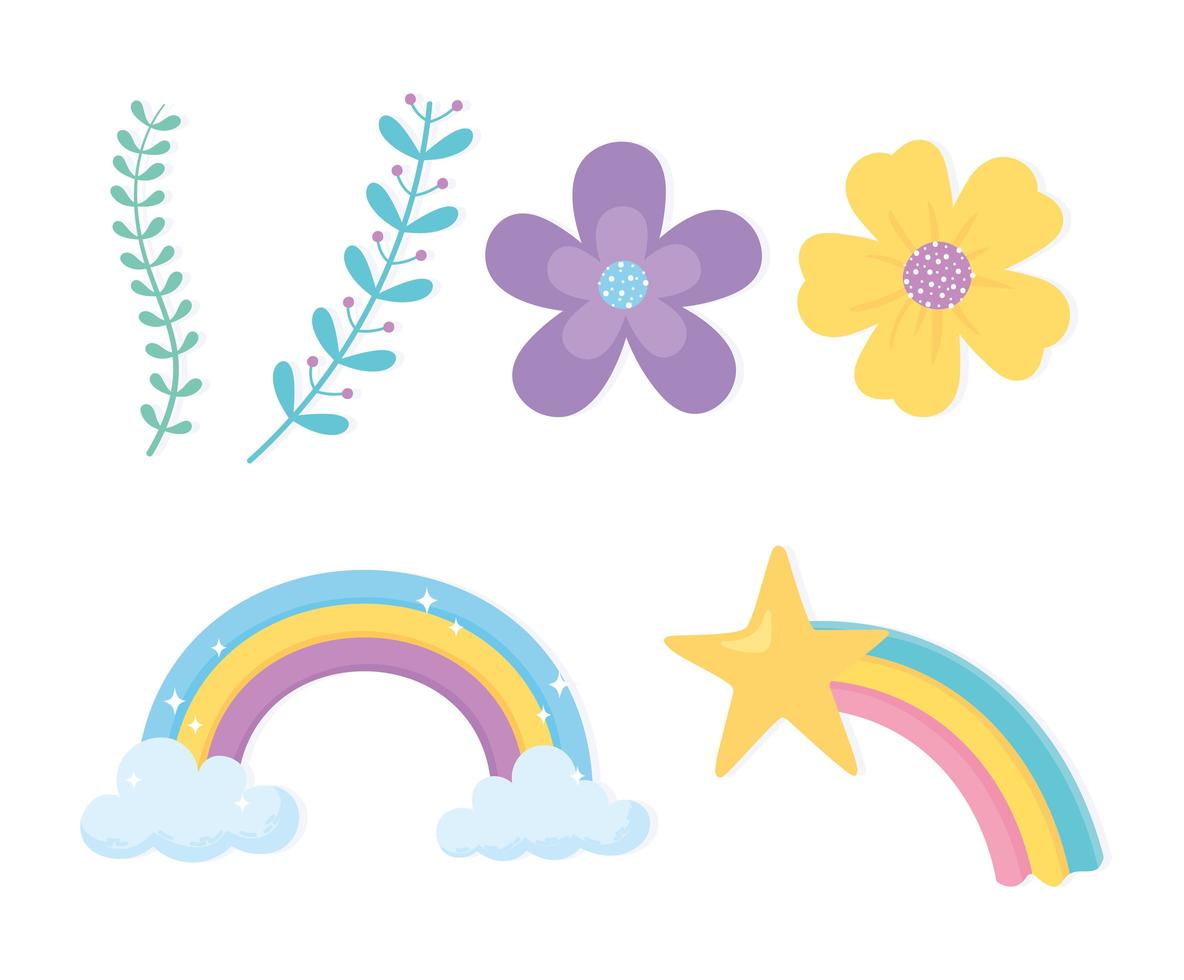 arco-íris mágico nuvem estrela flores ramos natureza ícones desenho animado vetor