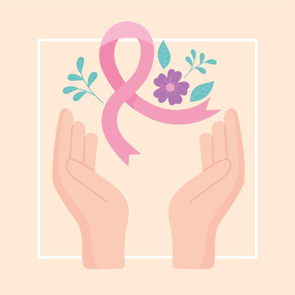 consciência do câncer de mama mãos fita rosa flores decoração desenho vetorial vetor