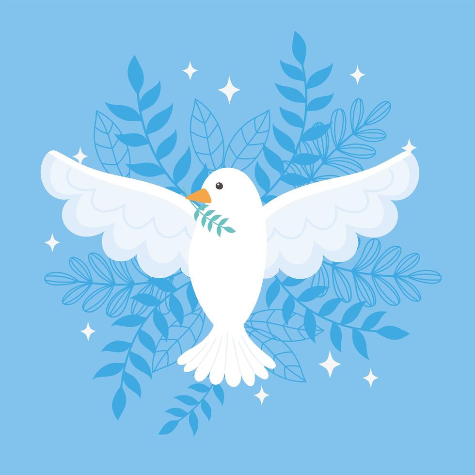 pombo do dia internacional da paz com folhas de fundo azul vetor