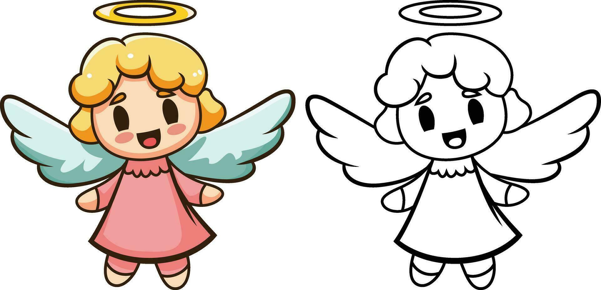 fofa desenho animado anjo vetor ilustração, bebê anjo, menina anjo estoque vetor imagem, colori e Preto e branco linha arte