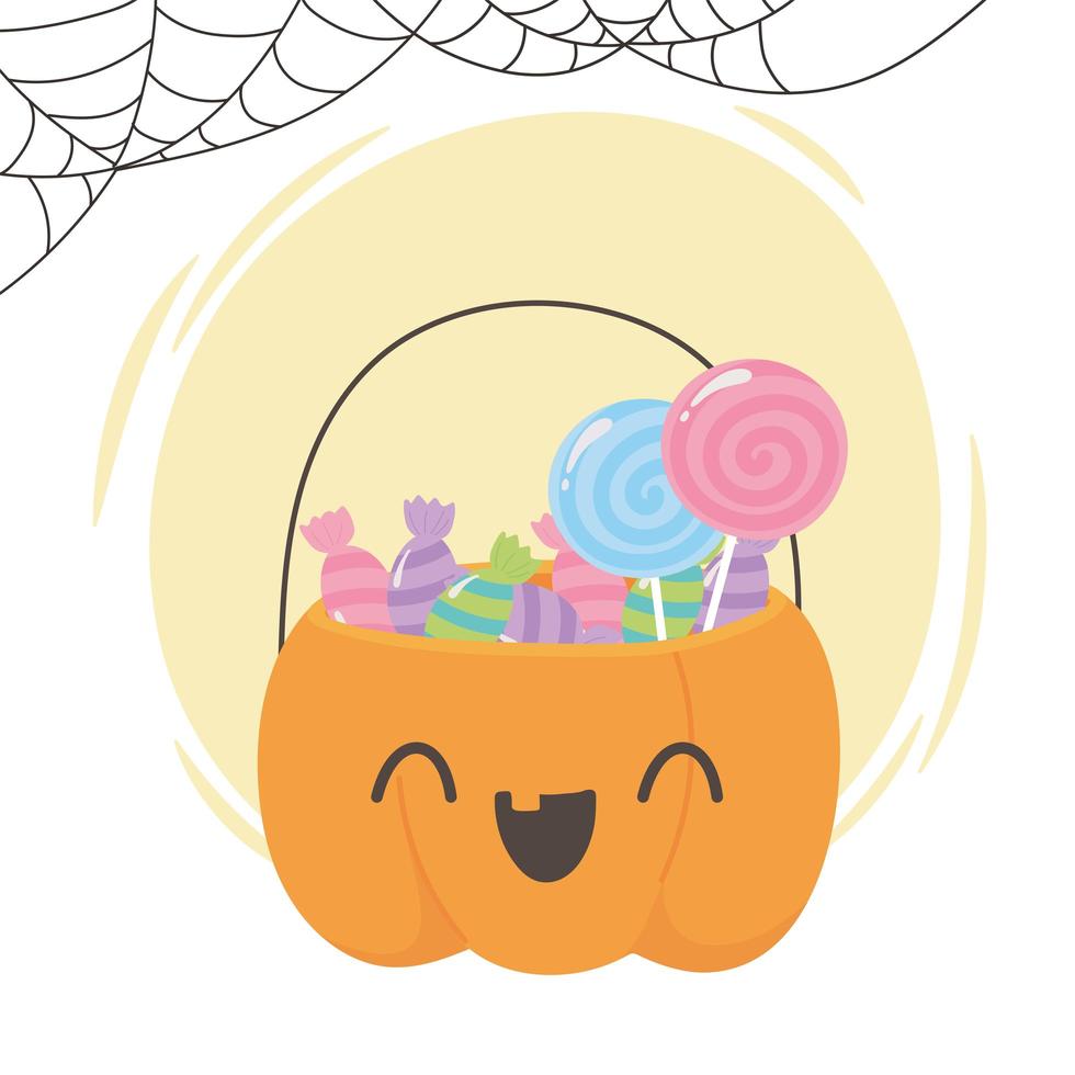 feliz dia das bruxas, linda cesta em forma de abóbora com doces, festa de doces ou travessuras vetor