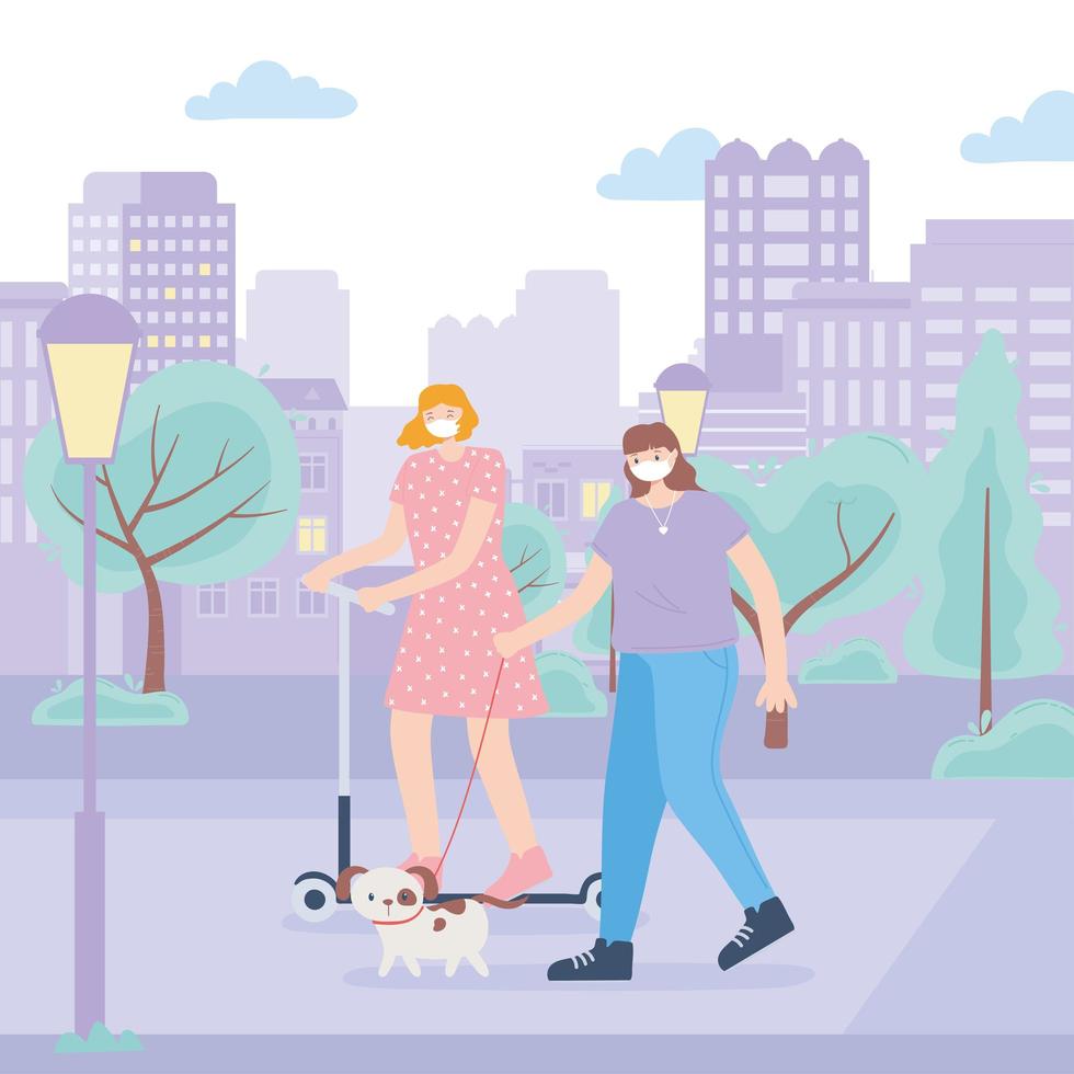 pessoas com máscara facial médica, mulher andando de scooter e garota andando com o cachorro na rua do parque, atividade na cidade durante o coronavírus vetor