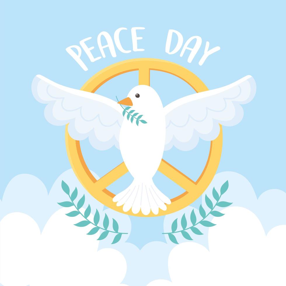 pombo do dia internacional da paz com emblema do ramo dourado vetor
