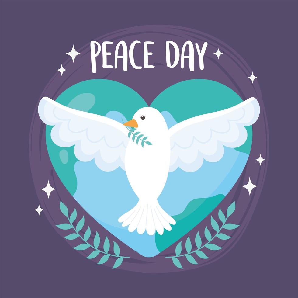 dia internacional da paz pomba com ramo mundial em forma de coração vetor