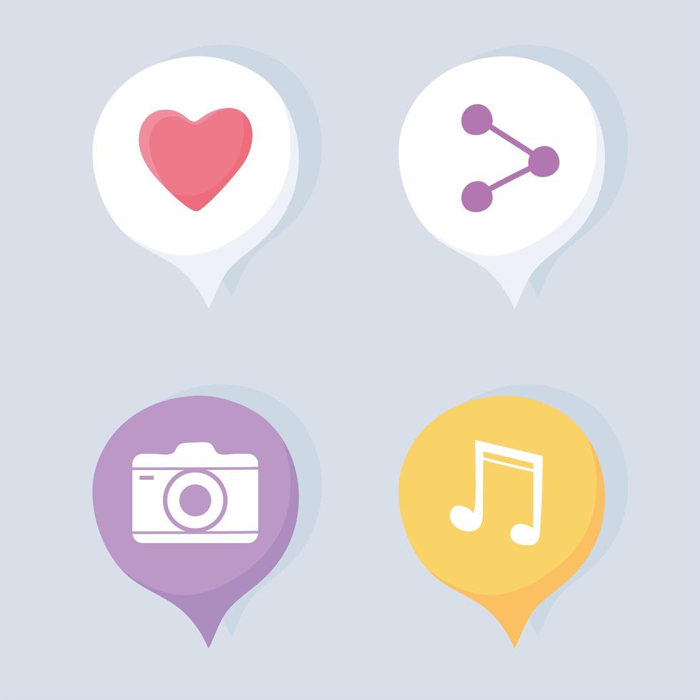 rede social como compartilhamento de câmera e sistema de comunicação de música e conjunto de ícones de tecnologias vetor