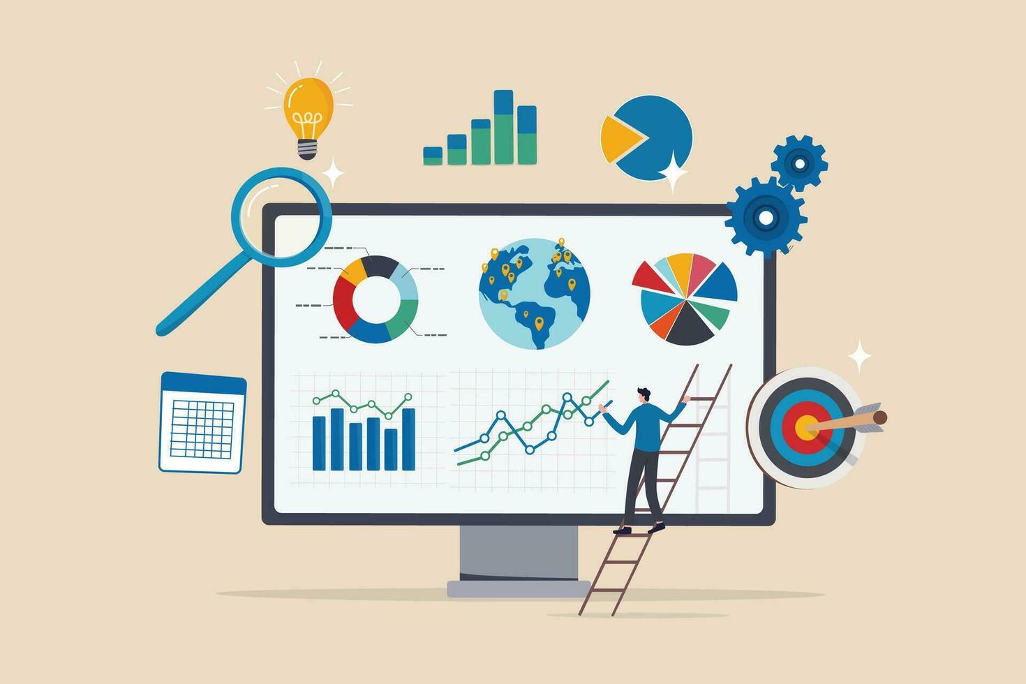 dados análise, pesquisa ou análise gráfico e gráfico diagrama, Estatisticas relatório, dado ou financeiro análise, marketing para local na rede Internet, otimização conceito, homem de negocios analisar dados em monitor tela. vetor