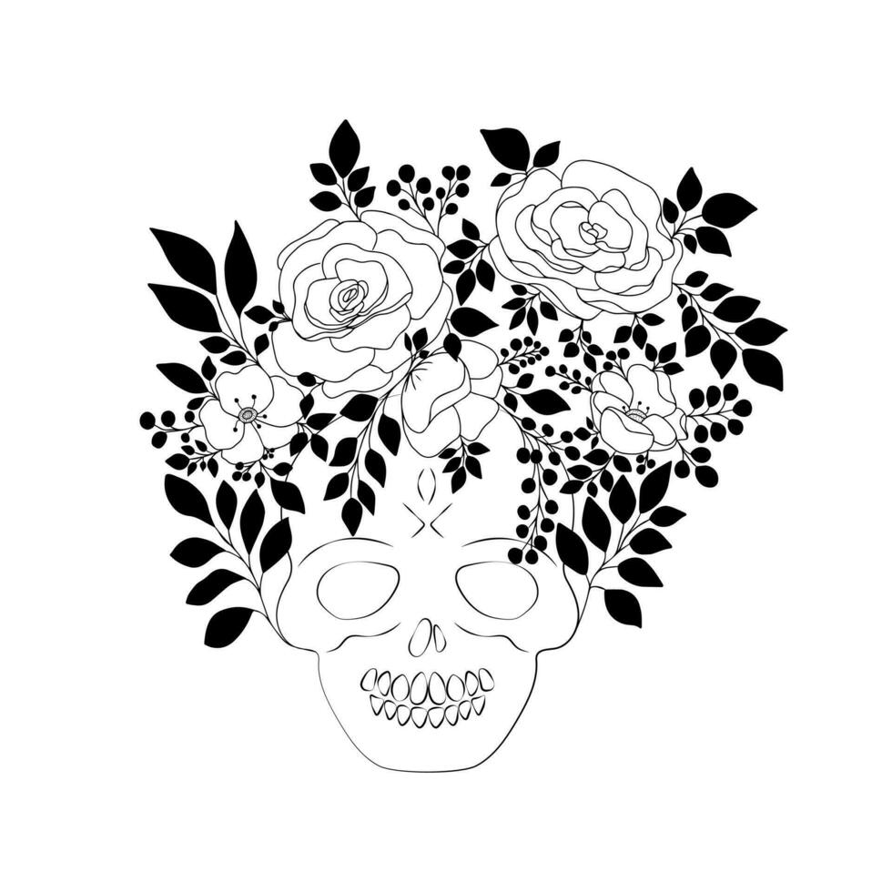 mão desenhado desenho animado crânio com guirlanda do rabisco rosa e anêmona flores com folhas em hastes. la Catrina Projeto para dia do a morto, açúcar crânio, dia de los mortos. isolado em branco fundo vetor