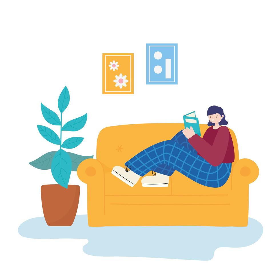 atividades de pessoas, jovem sentada no sofá lendo livro, sala com vasos de plantas e molduras vetor