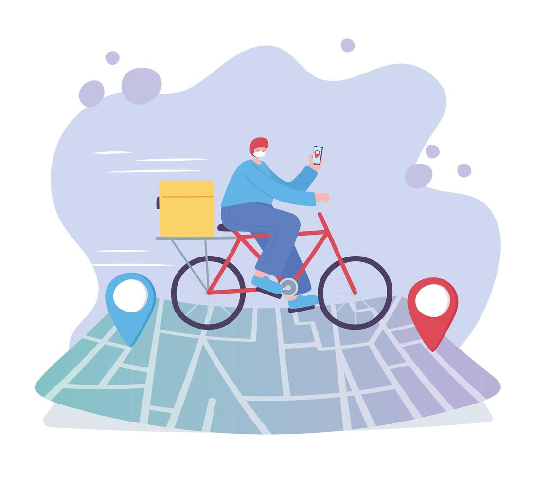 serviço de entrega online, homem andando de bicicleta com smartphone no mapa de navegação, transporte rápido e gratuito, pedido de envio, site do aplicativo vetor