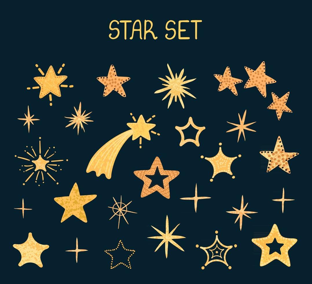 Vector conjunto moderno colorido com ilustrações de desenho de mão em forma de estrela, adesivos. use-o em seu design para cartões comemorativos, berçário, pôster, cartão, festa de aniversário, design de papel de embalagem, impressões de camisetas de bebê