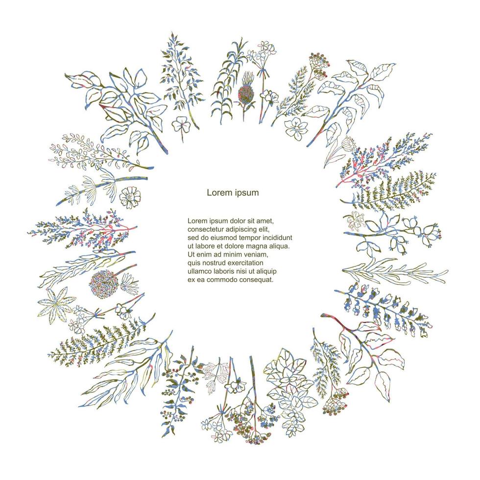 ilustração em vetor colorida de grinalda de flores e ervas. passador de mão. pode ser usado para convite, cartão e pôster
