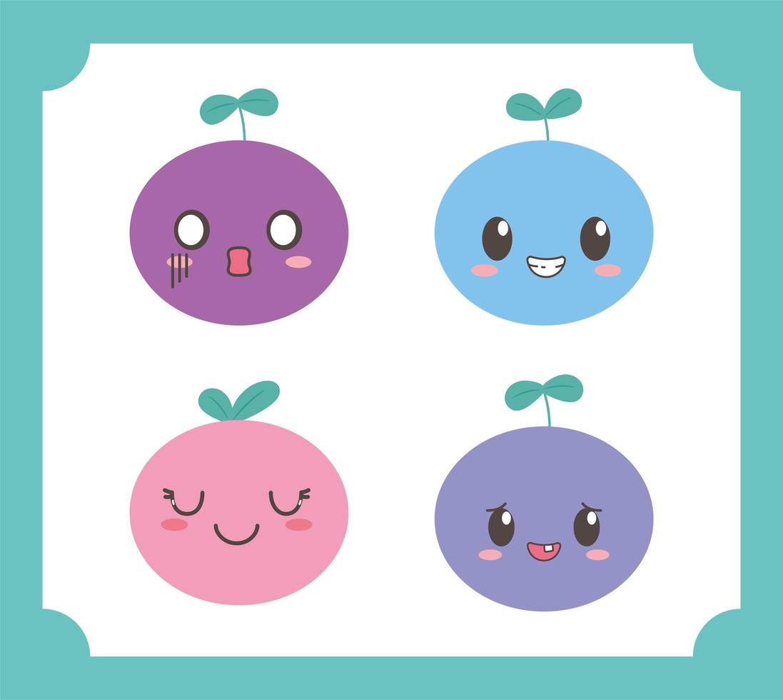 expressão de desenho animado de frutas kawaii diferentes faces engraçadas vetor