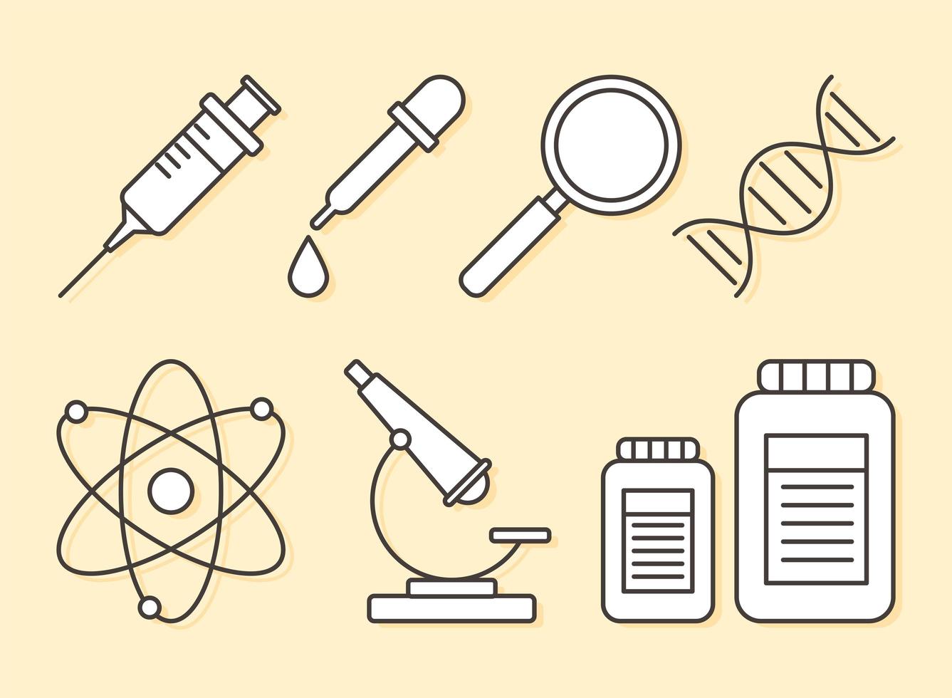 química ciência lupa seringa átomo de microscópio, estilo de linha vetor