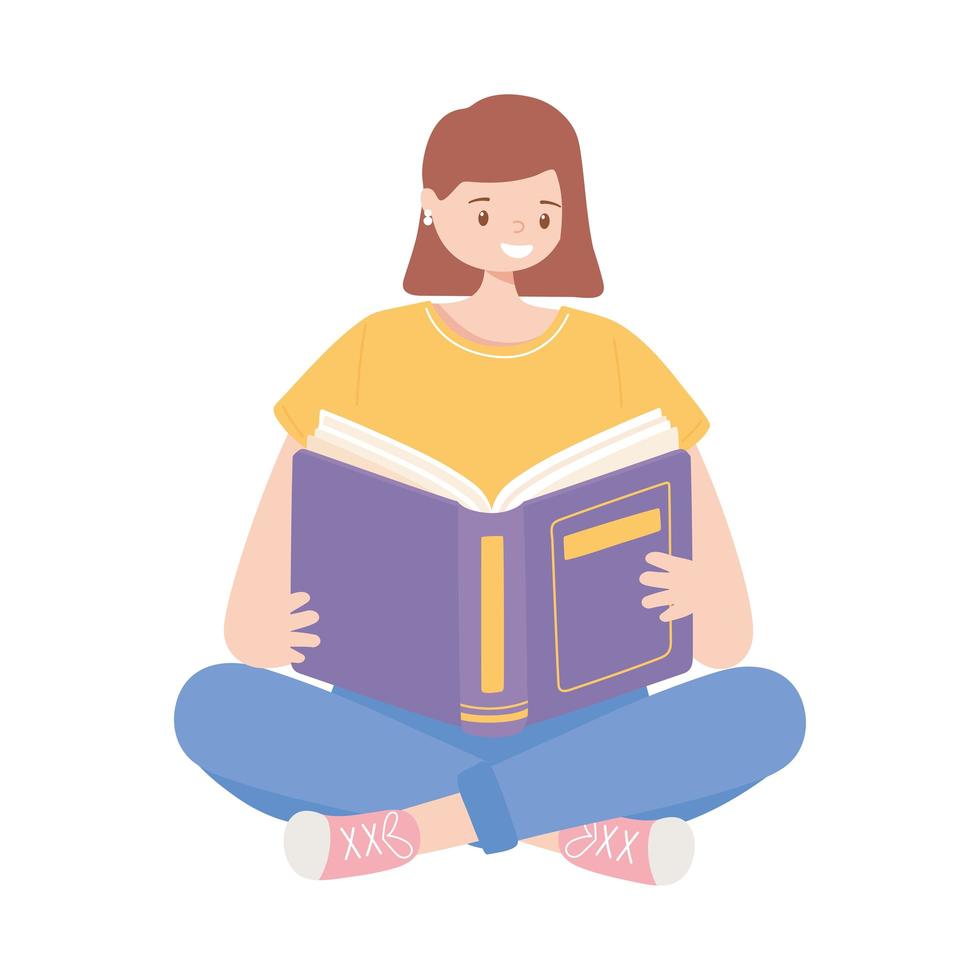 menina sentada lendo um livro e estudando educação vetor