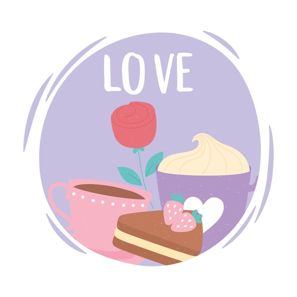 xícaras de café com bolo e amor e romance de flores em estilo cartoon vetor