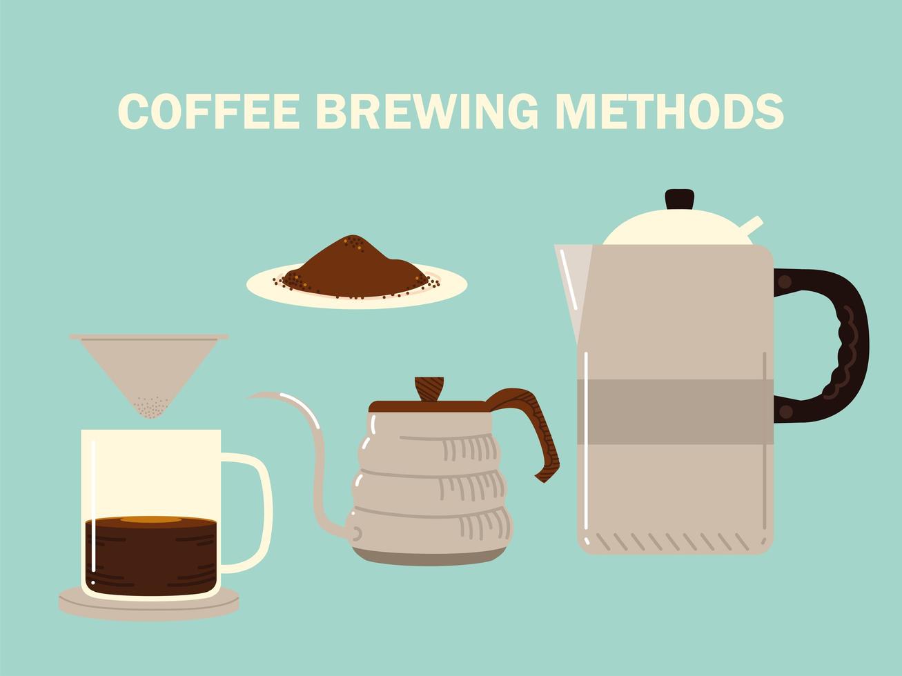 métodos de preparação de café, cafeteira e pote com sementes vetor