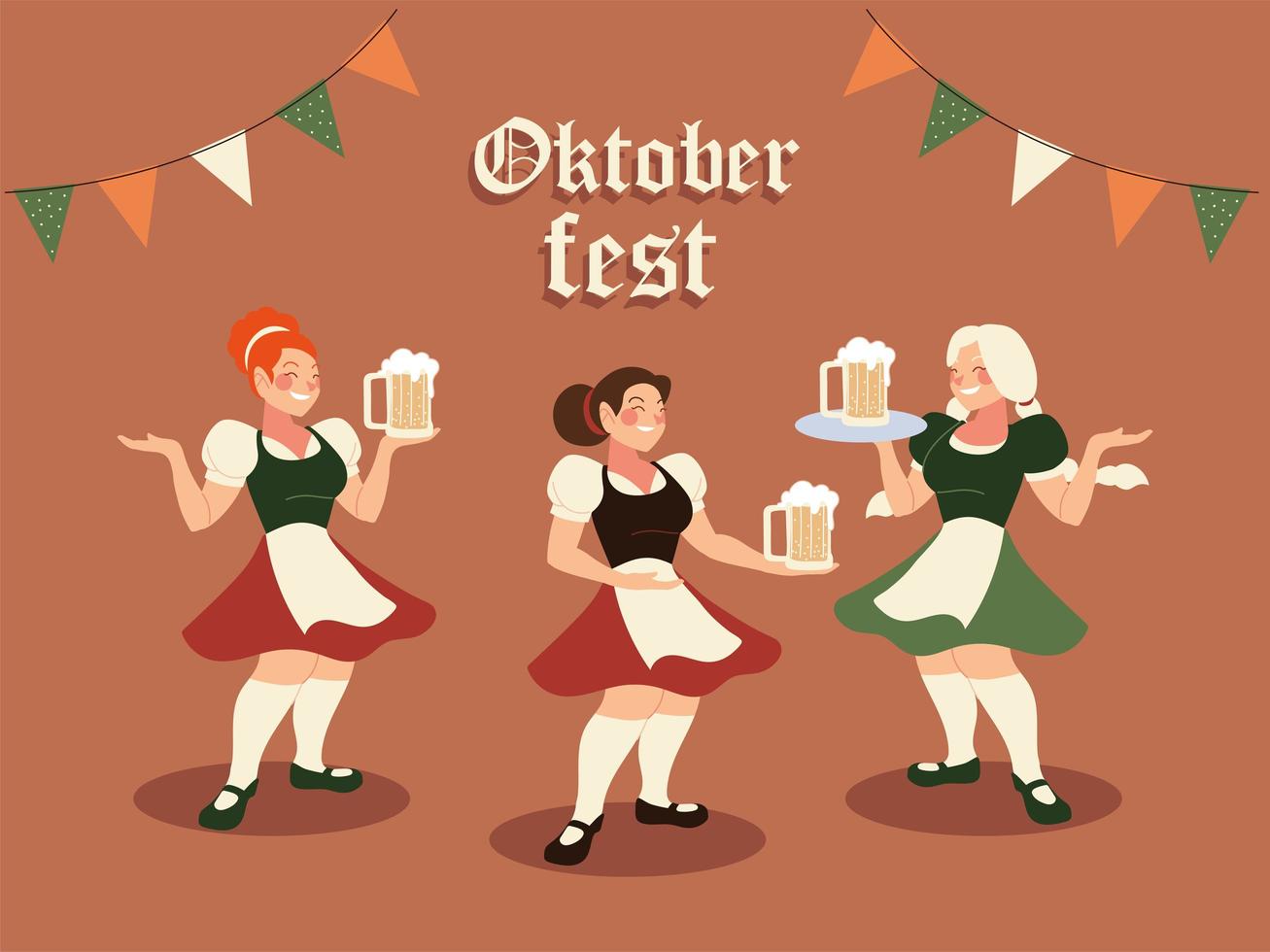 Mulheres oktoberfest com cerveja de pano tradicional e desenho vetorial de bandeirola vetor