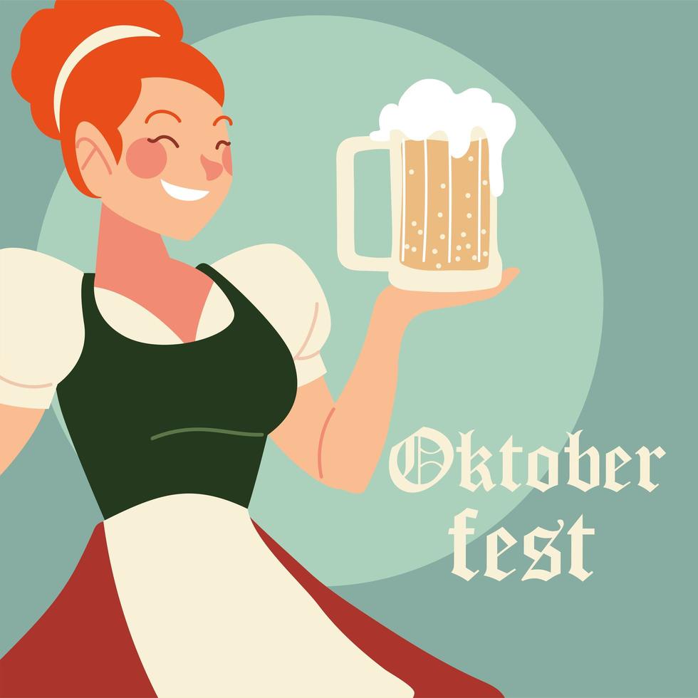 desenho de mulher oktoberfest com design tradicional de pano e cerveja vetor