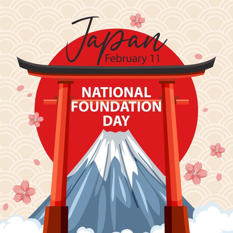 banner do dia da fundação nacional do Japão com monte fuji e portão torii vetor