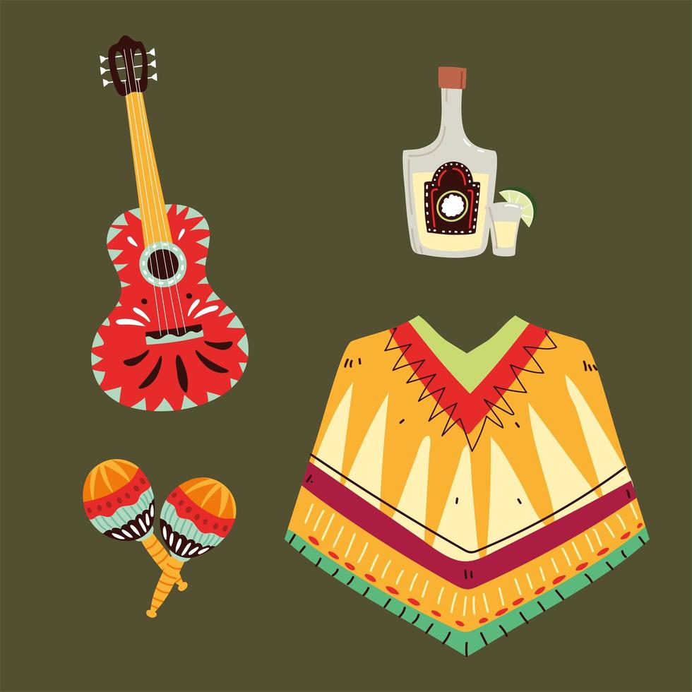 conjunto de símbolos mexicanos, ícones de celebração mexicana vetor