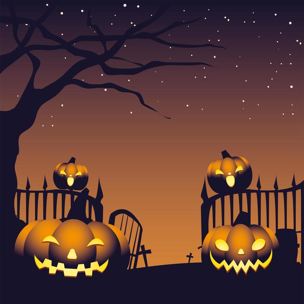 abóboras no cemitério com fundo escuro de halloween vetor