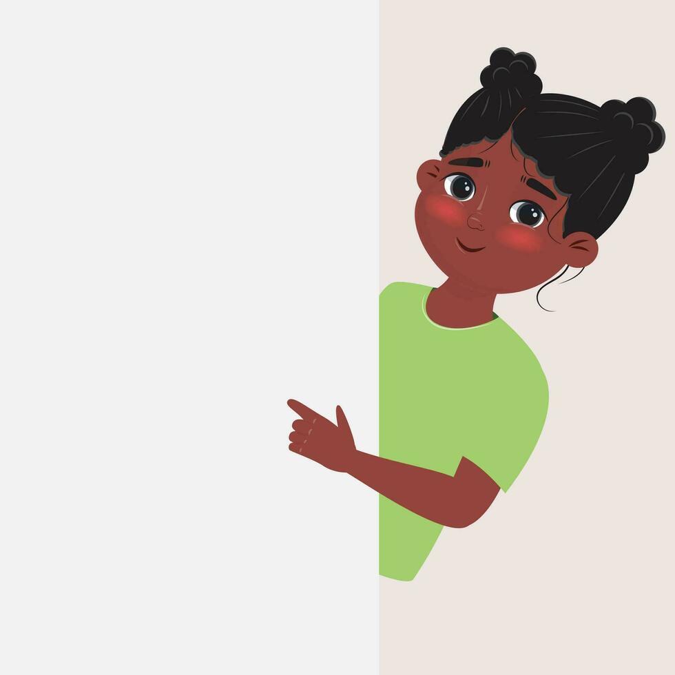 vetor ilustração do uma fofa africano menina mostrando alguma coisa em a bandeira.