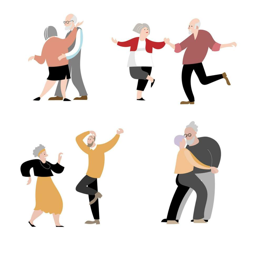 idosos dança plano vetor ilustração. idosos homens e mulheres ativamente gastar tempo.
