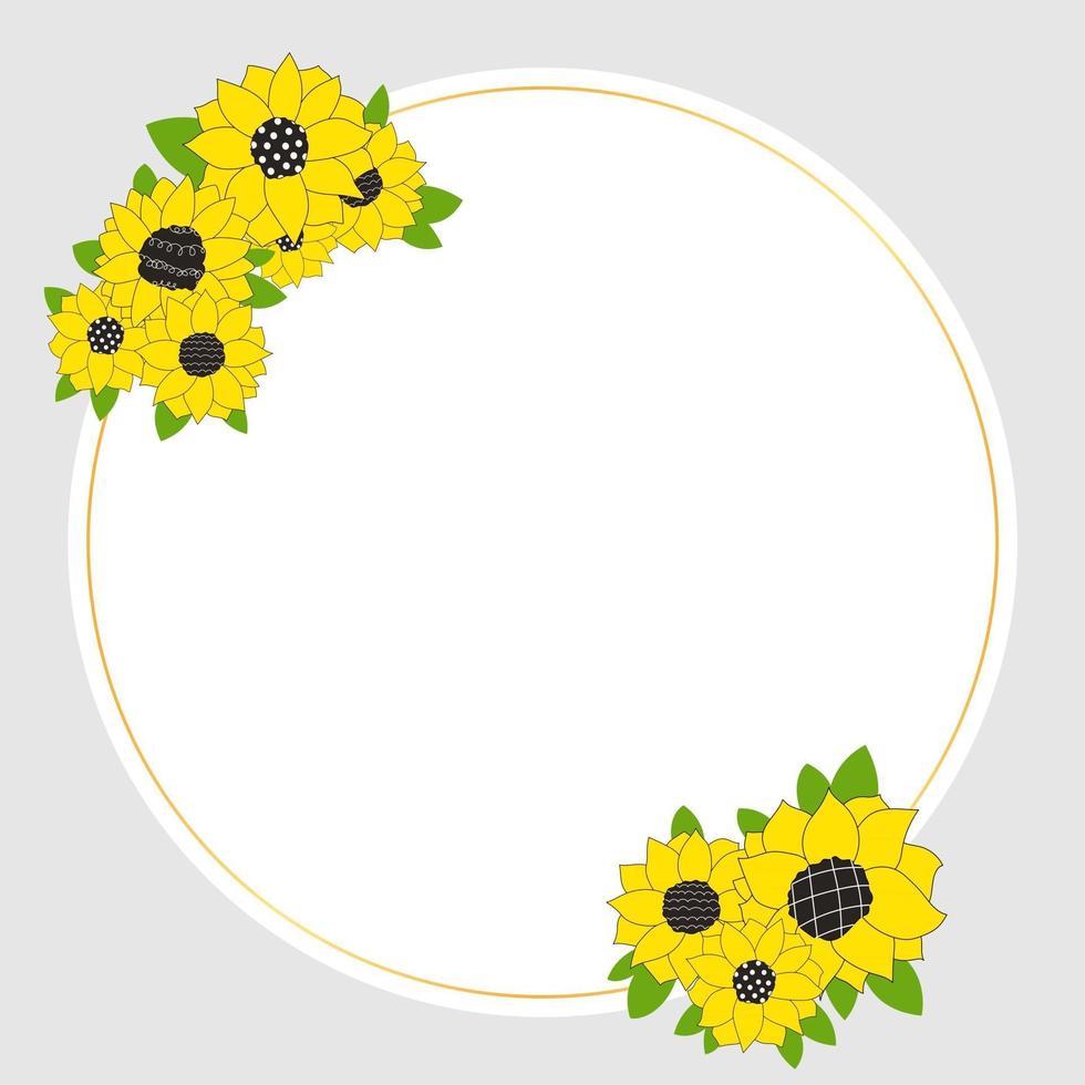 círculo dourado moldura branca com flores de girassóis para um convite de casamento feliz aniversário linha ilustração vetorial de rabiscos vetor