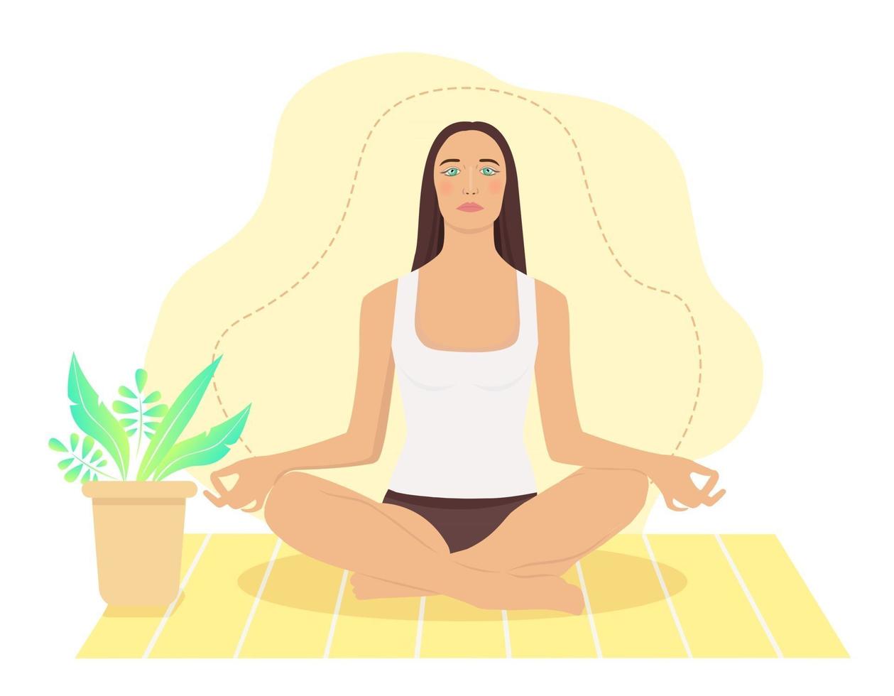 mulher meditando em casa. ilustração do conceito de ioga, meditação, relaxamento, recreação, estilo de vida saudável. ilustração em estilo cartoon plana. vetor