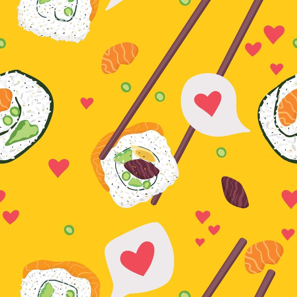 desenho plano sem costura padrão comida japonesa sushi vetor