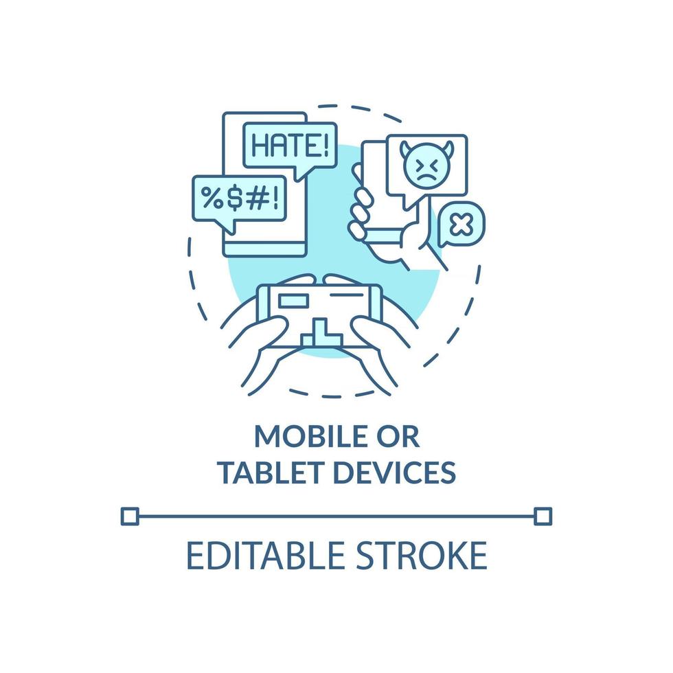 ícone do conceito de dispositivos móveis e tablets. Ilustração de linha fina de ideia de canal de cyberbullying. enviar mensagens anônimas com ameaças. desenho de cor rgb de contorno isolado de vetor. curso editável vetor