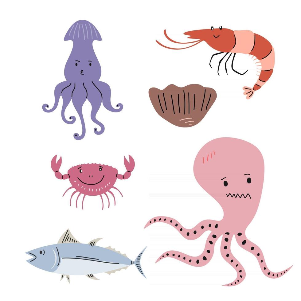 elementos de frutos do mar ou animais marinhos isolados no fundo branco. vetor