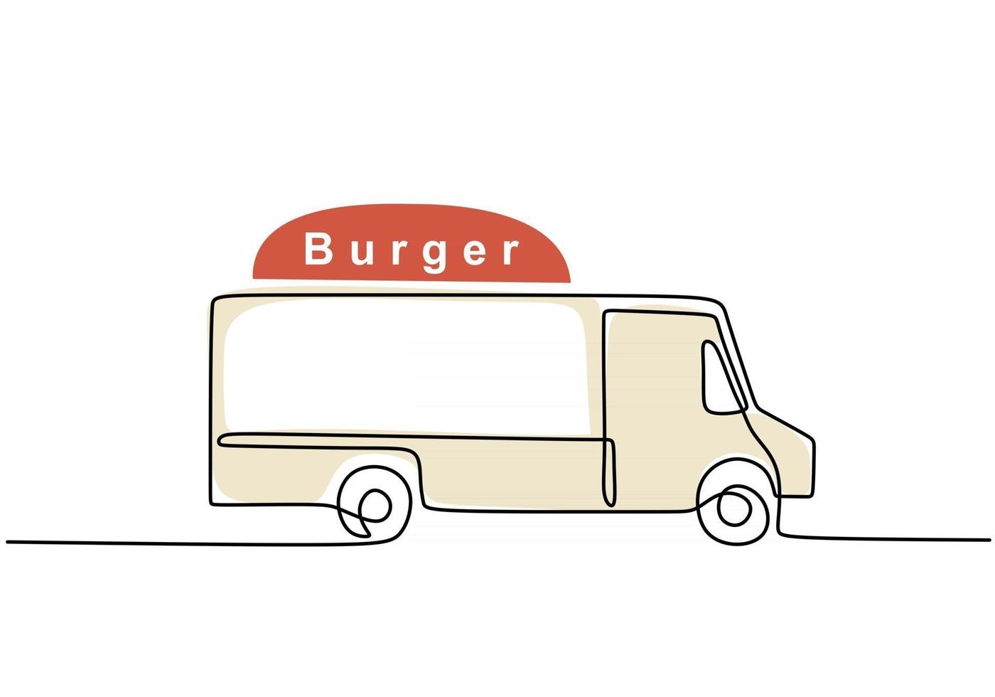 única linha contínua de caminhão de comida de hambúrguer. caminhão de hambúrguer em estilo de uma linha isolado no fundo branco. vetor
