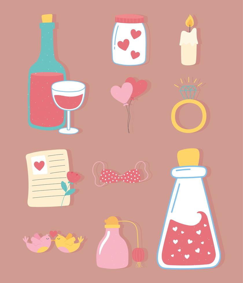 garrafa de vinho copo carta pássaros anel balões celebração amor e romance em estilo cartoon vetor