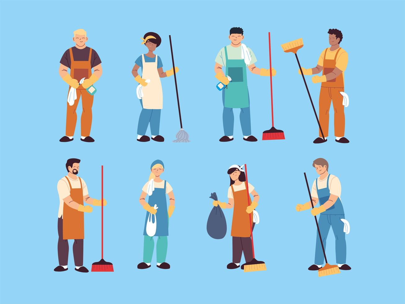 conjunto de trabalhadores de limpeza, pessoal de limpeza profissional, trabalhador de limpeza doméstica e equipamentos de limpeza vetor