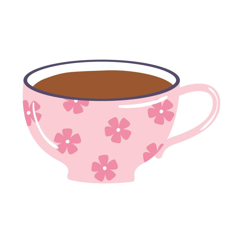 xícara de chá e café rosa com ícone de flores fofas sobre fundo branco vetor