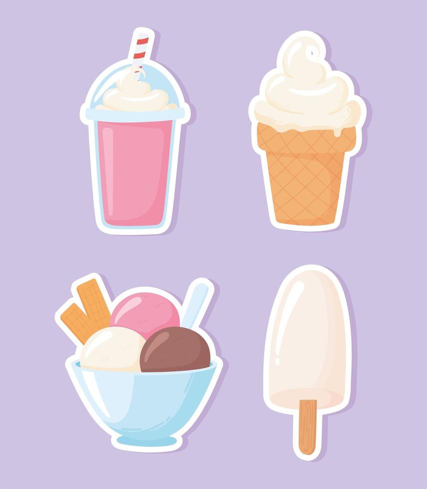 ícones de desenhos animados de produtos lácteos de leite definir sorvete de milkshake em palitos e casquinhas vetor