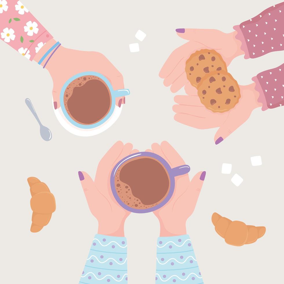 mãos femininas com xícara de café, biscoitos e croissant, vista de cima, bebida quente fresca vetor