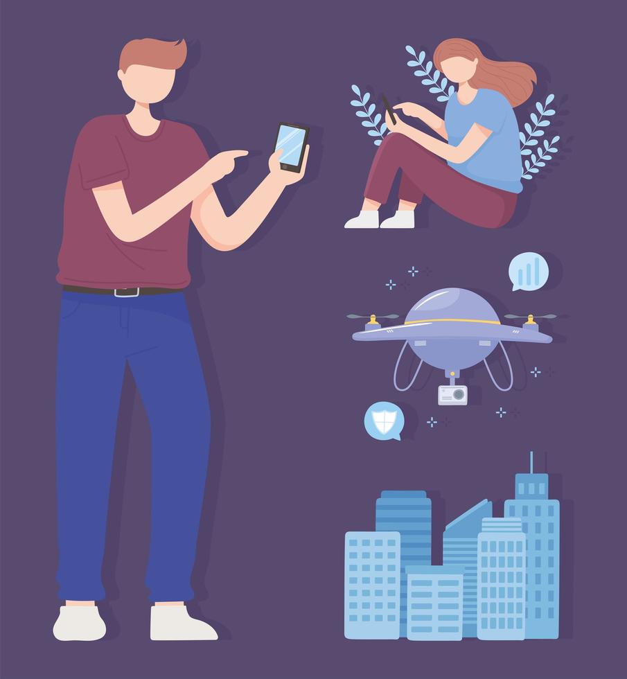 homem e mulher com cidade inteligente drone móvel, tecnologia sem fio de rede 5g vetor