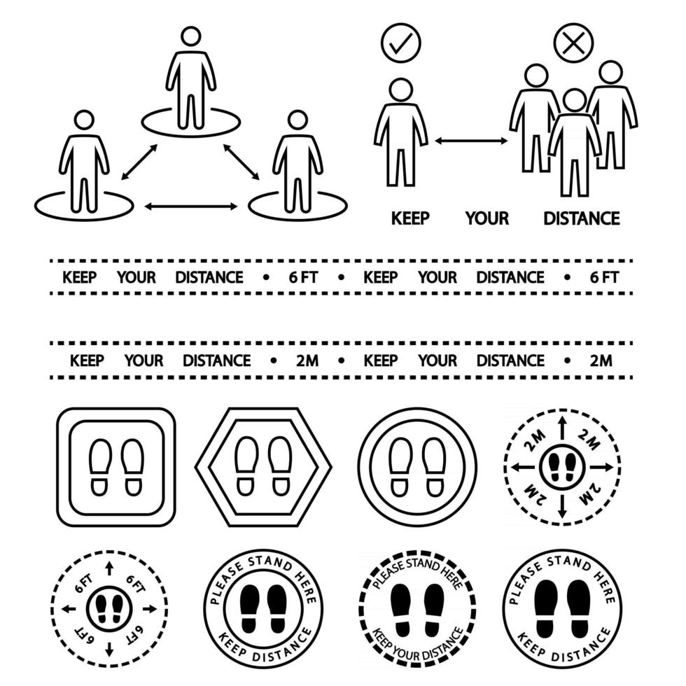 ícone de distanciamento social. fique aqui sinal. mantenha a distância de 2 metros ou 6 pés. evite multidões. distância segura. além do aviso de fita amarela. adesivo de pegada no chão, fique aqui. vetor de contorno