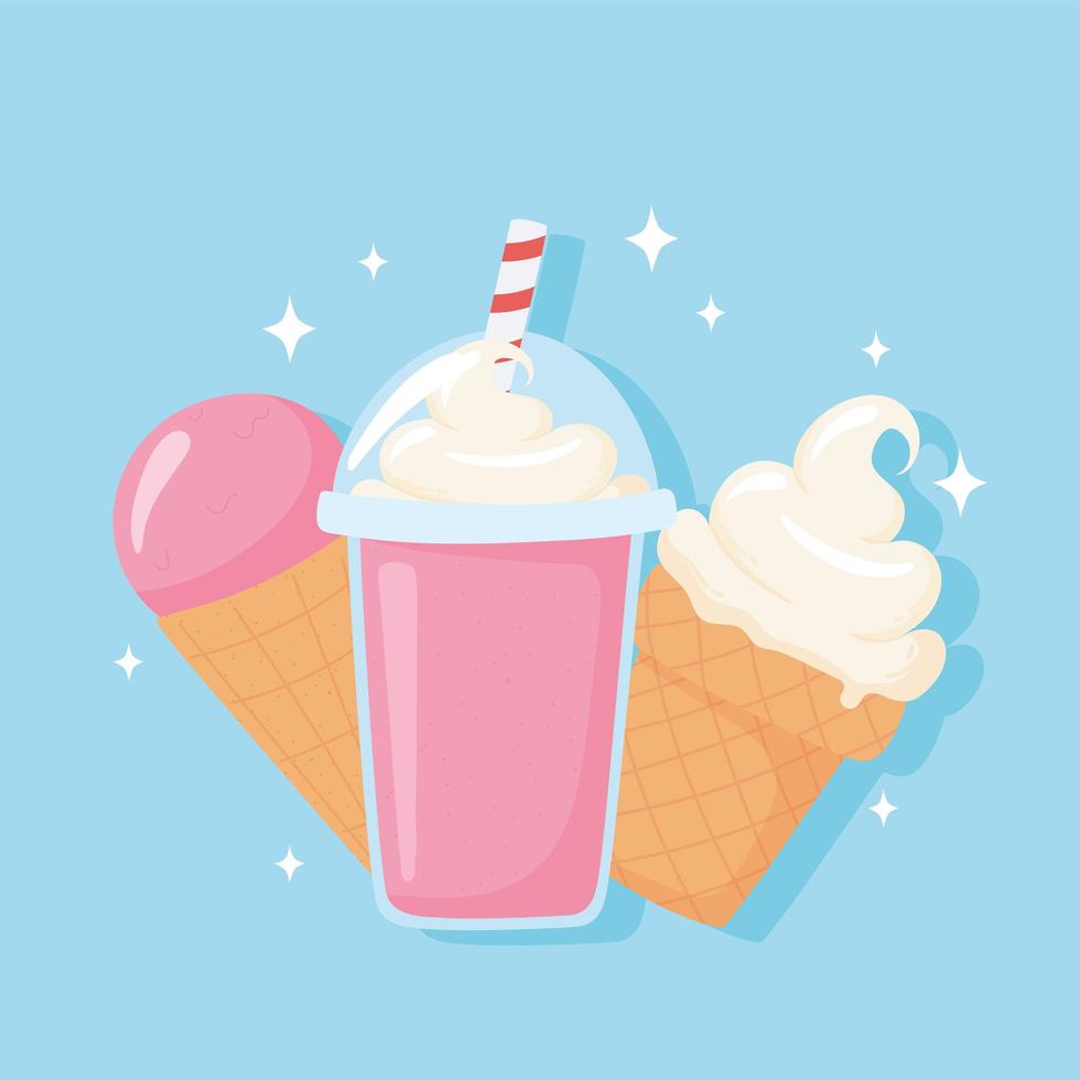 conjunto de ícones de desenhos animados de produtos lácteos de leite, sorvete de milkshake e casquinha vetor