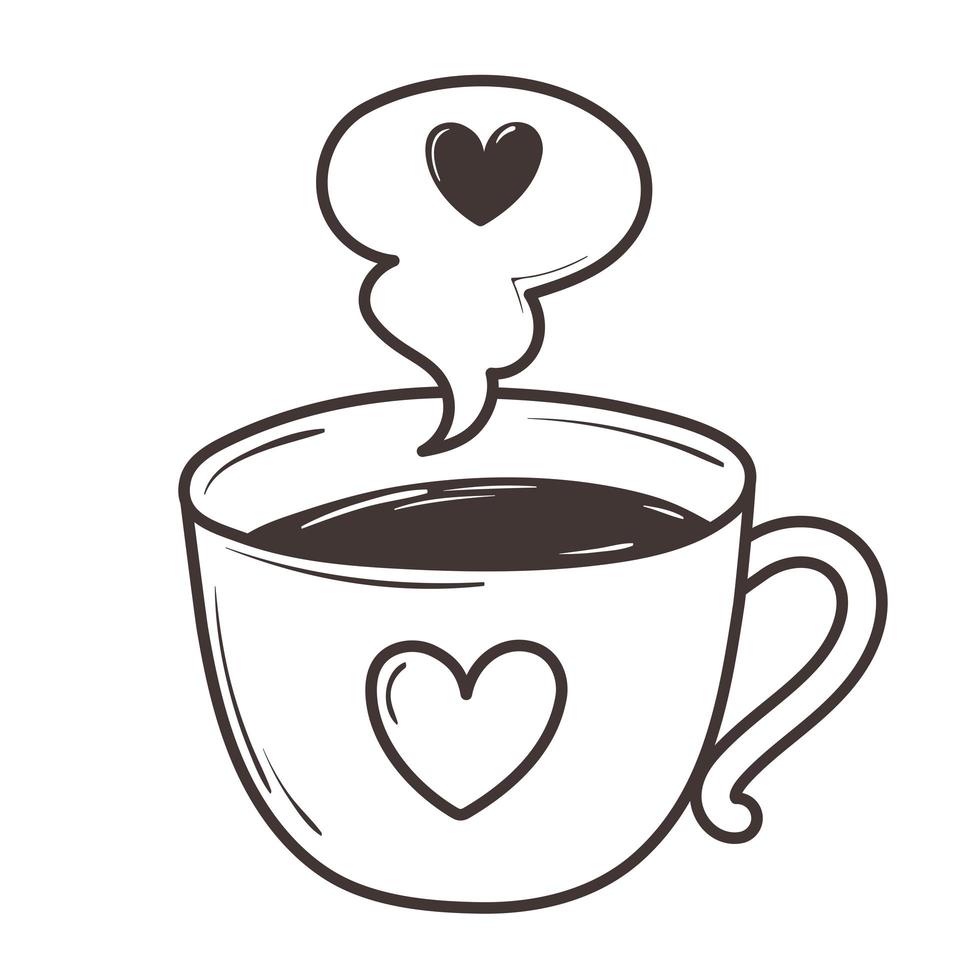 xícara de café com design de ícone de doodle de coração romântico vetor