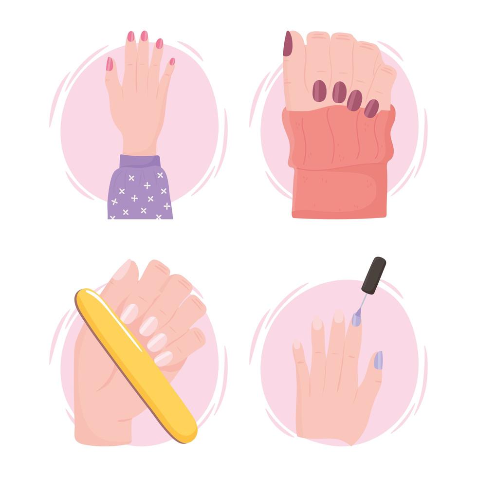 Conjunto de ícones de manicure feminino mão esmalte arquivo desenho animado vetor