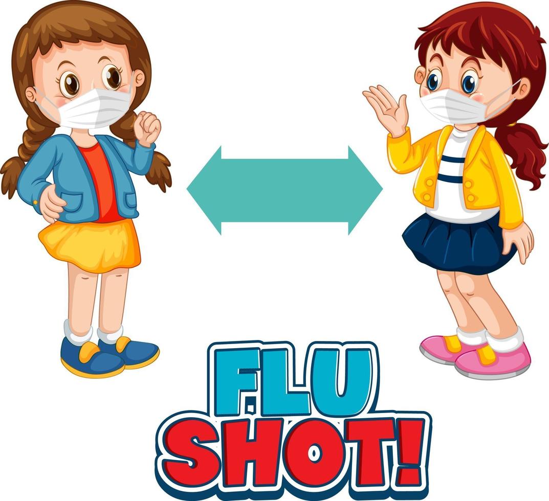 Projeto da fonte da vacina contra a gripe com duas crianças mantendo distância social isolada no fundo branco vetor
