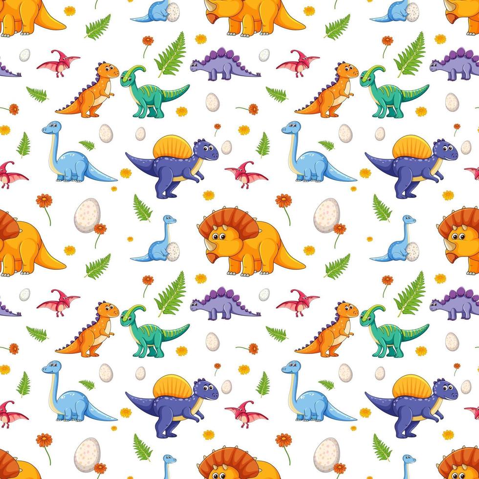 padrão sem emenda com vários dinossauros fofos em fundo branco vetor