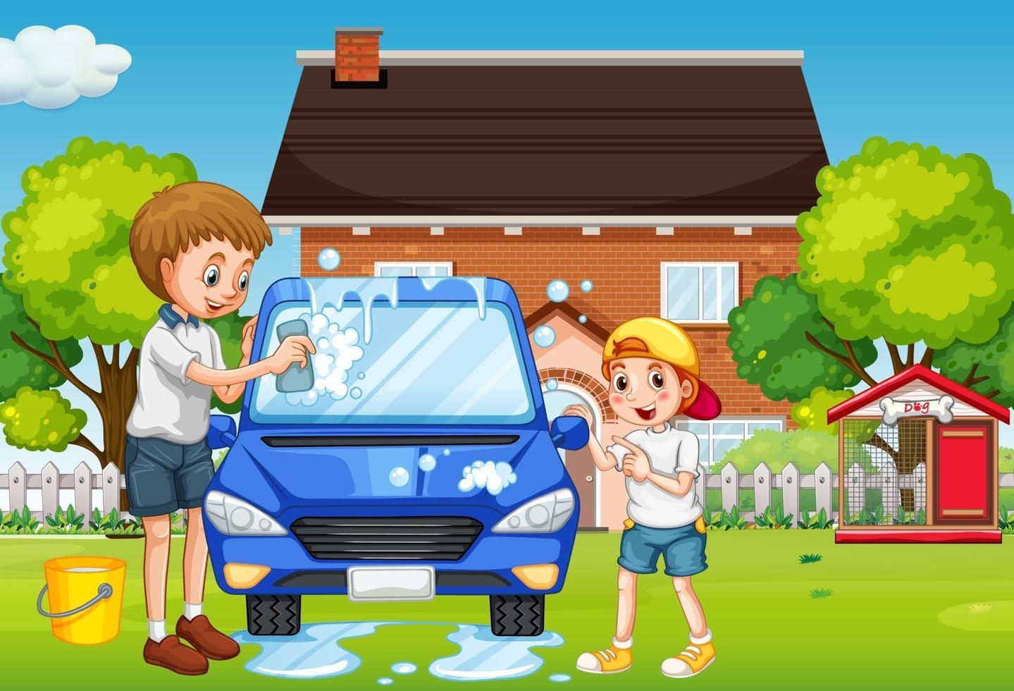 pai e filho lavando carro na frente da cena da casa vetor