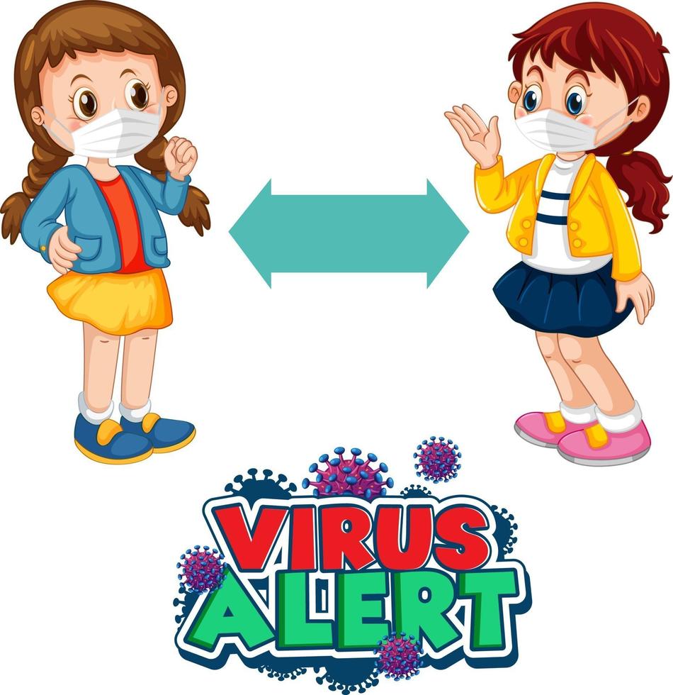 Projeto de fonte de alerta de vírus com duas crianças mantendo distância social isolada no fundo branco vetor