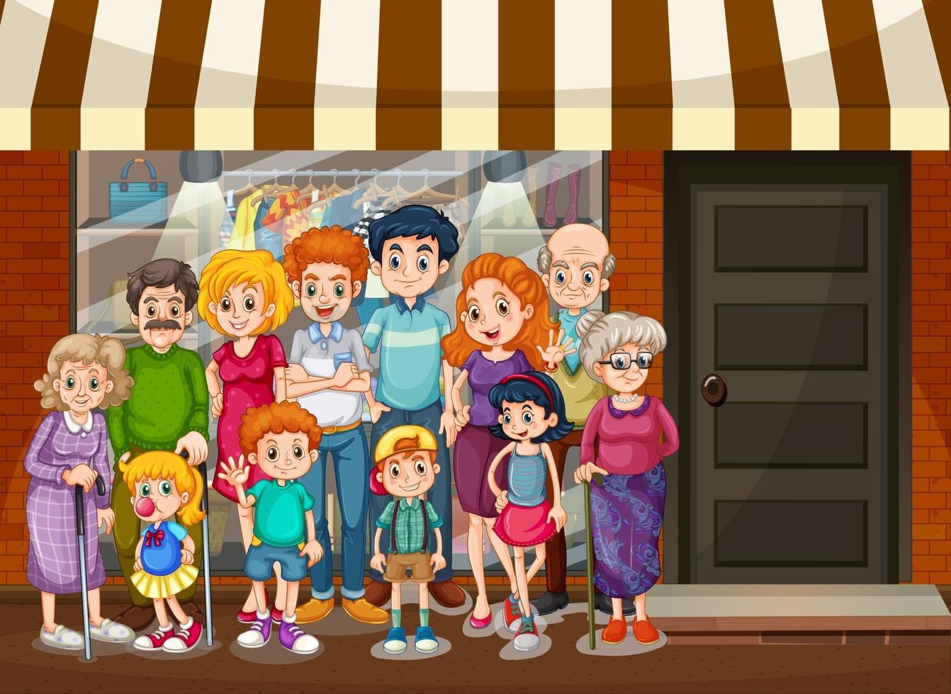cena da cidade com uma família feliz em frente a uma loja vetor